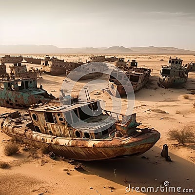 Old rusty ships and barges in the desert. Dry sea. Climate change, Stock Photo