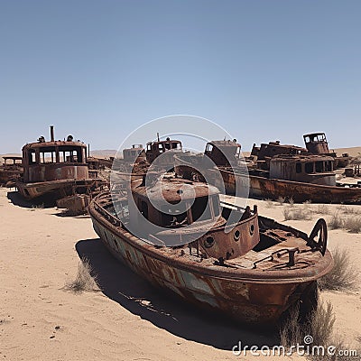 Old rusty ships and barges in the desert. Dry sea. Climate change, Stock Photo