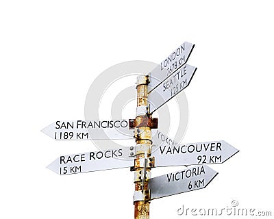 Old rusty steel sign post isolated on white background at Canada Stock Photo