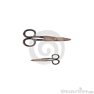 Old rusty tailor scissors open isolated on white background. wit Stock Photo