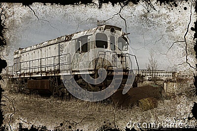 Old rusty train locomotive thrown into exclusion zone of Chernob Stock Photo