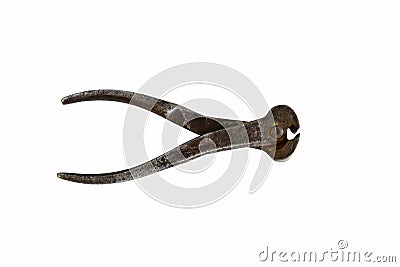 Old rusty wire cutters, steel, isolated on white background. Stock Photo