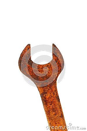 Old rusty wrench isolated on white background, close-up. Design element. Concept - Outdated hand tools Stock Photo