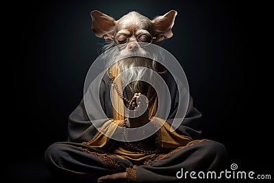 Old sage chihuahua dog in monk attire in meditation pose. Black background. Doggy guru meditates, achieving nirvana Stock Photo