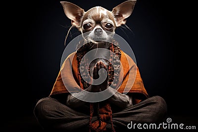 Old sage chihuahua dog in monk attire in meditation pose. Black background. A doggy guru meditates, achieving nirvana Stock Photo