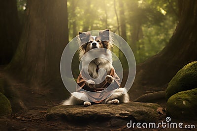 Old sage dog in monk attire in meditation pose in forest. A doggy guru meditates, achieving nirvana. Suitable for Stock Photo