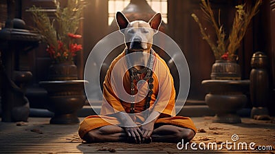 Old sage dog in monk attire in meditation pose in the temple. A doggy guru meditates, achieving nirvana. Suitable for Stock Photo