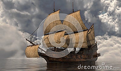 Old Sailboat On The Sea 3D Illustration Stock Photo