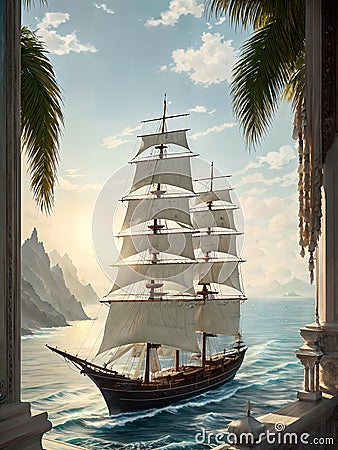 Old sailing frigate stands in the sea Cartoon Illustration