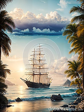 Old sailing frigate stands in the sea Cartoon Illustration