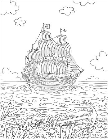 Old sailing ship in front of a tropical island Vector Illustration