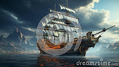 An old sailing ship with high masts that uses a sail and the power of the wind Stock Photo