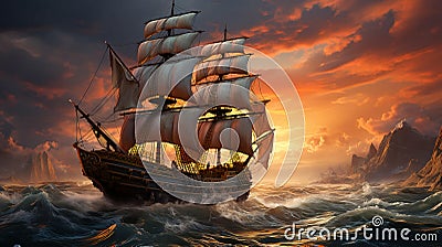 An old sailing ship with high masts that uses a sail and the power Stock Photo