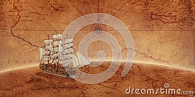 Old sailing ship on an old world map Stock Photo
