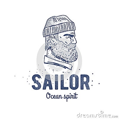 Old sailor logo or label. Seaman with a beard. Hand drawn illustration. Hipster logotype. Profile view. Vintage design. Vector Illustration