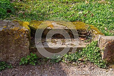 Old sandstone steps leading into the grass Stock Photo