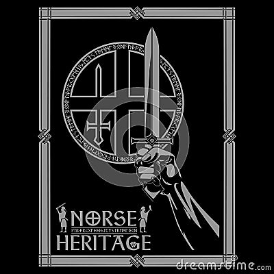 Old Scandinavian design. Frame in Scandinavian style, hand with viking sword and shield Vector Illustration