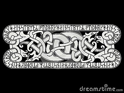 Old Scandinavian design. Interlaced dragons pattern and runic symbols of ancient Scandinavia Vector Illustration