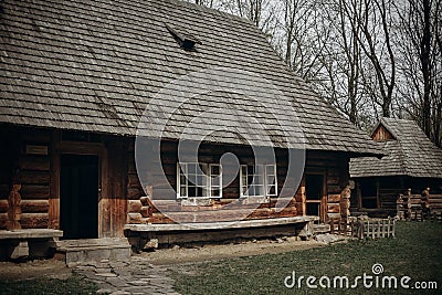 Old scandinavian house in village, rustic wooden building in countryside, wood cabin exterior in Norway, tourism concept Stock Photo