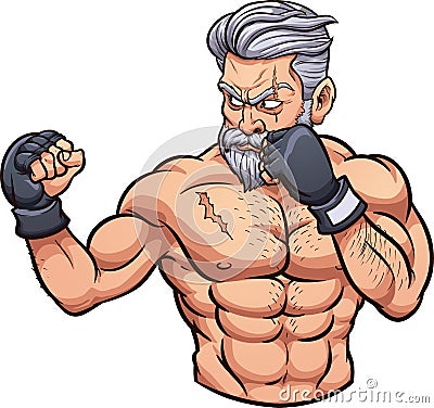 Old scarred MMA fighter stricking a pose with fists up Vector Illustration