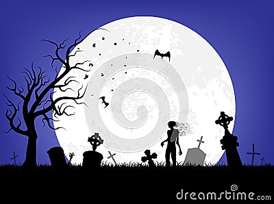 Old scary cemetery with gravestones and crosses. Special for Halloween Vector Illustration