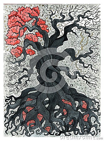 Old scary tree with roots and branches and four seasons of year Cartoon Illustration