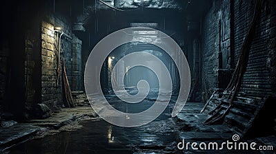 Old scary underground tunnel, dark creepy abandoned dungeon, industry theme Stock Photo