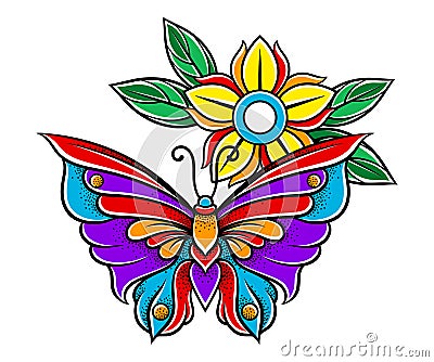 Old School Badge with Stylized Butterfly and Flower Vector Illustration Stock Photo