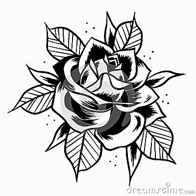 Old School black Rose. Print for t-shirt postcards logo icons. Vintage traditional art. Simbol of love. Barbershop or tattoo Cartoon Illustration