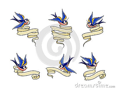 Old School Blue Swallow Holding Banner or Ribbon in Its Beak Vector Set Vector Illustration