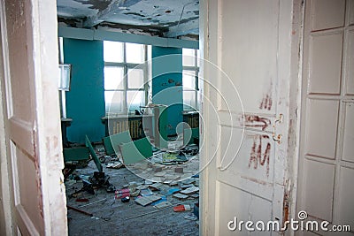 Old school building interiors inside, abandoned soviet union house. Vintage grunge retro oldish urban past times style. Windows Stock Photo