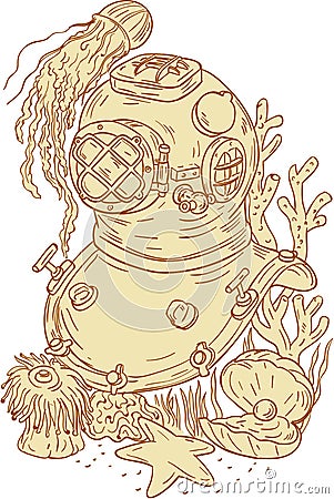 Old School Diving Helmet Underwater Drawing Cartoon Illustration