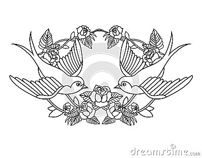 Old school frame with roses and birds. Vector illustration. Vector Illustration