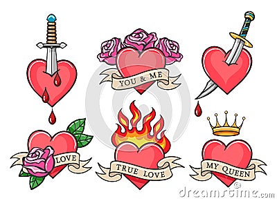 Old School Heart Tattoo Set Vector Illustration