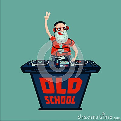 Old school retro party. Senior adult dj with vinyl. Vector Illustration