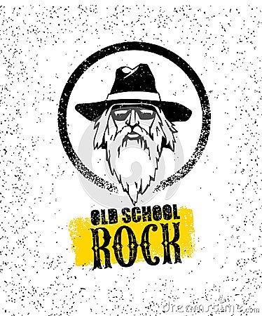 Old School Rock Creative Design Element. Stylish Musician With Beard In Sunglasses Wearing Hat Vector Illustration