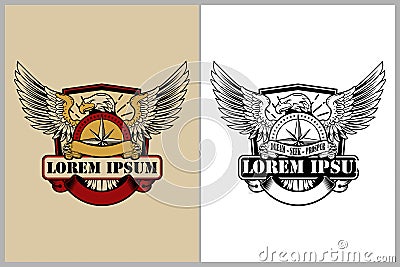 Old School Style eagle with compass and shield vector for print or badge logo template Vector Illustration