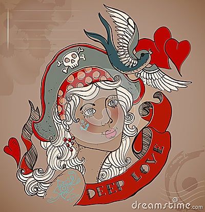 Old-school styled tattoo woman, Valentine illustration Cartoon Illustration