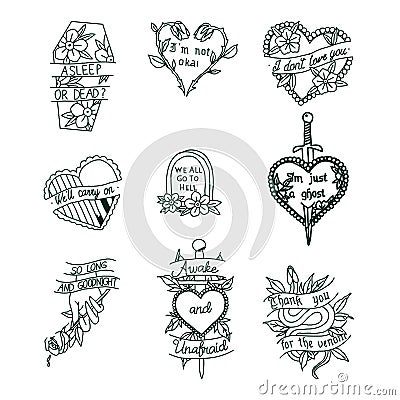 Old school tattoos set: roses, skull, crystal, arrows, swallow Vector Illustration