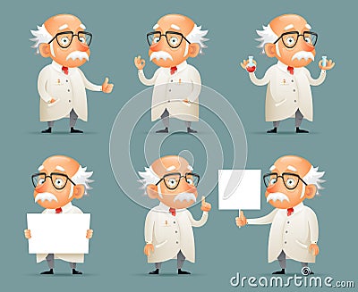 Old Scientist Character Icons Set Retro Cartoon Design Mobile Game Vector Illustration Vector Illustration