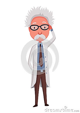 Old scientist. Funny moustached character wearing glasses and lab coat. Discovery in science. Vector illustration in Vector Illustration