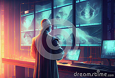 Old scientist in futuristic research center looking at results. Generate Ai. Stock Photo