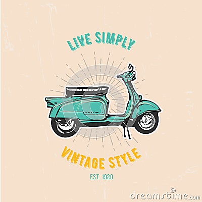 Old turquoise scooter, vector emblem, hand graphic Vector Illustration