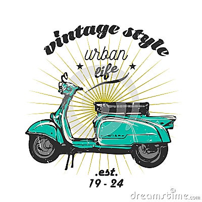 Old turquoise scooter, vector emblem, hand graphic Vector Illustration