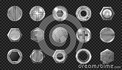 Old screw and nail heads set, metal bolts, rivets Vector Illustration
