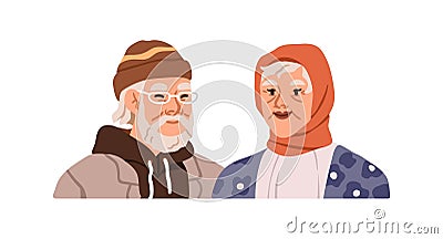 Old senior couple. Elderly aged man and woman smiling. Happy retired male and female characters, face portrait. Modern Vector Illustration