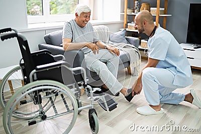 Old Senior Home Care Patient With Nurse Stock Photo