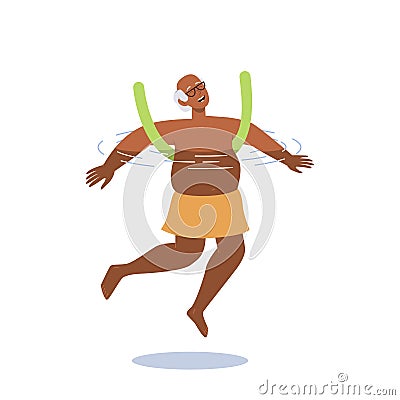 Old senior man character enjoying aqua sport doing water aerobics exercise with foam noodles Vector Illustration