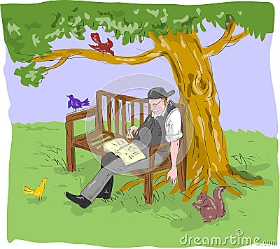 Old senior man sleeping bench Cartoon Illustration