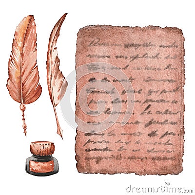 Old set of writing supplies, vintage parchment paper, feather quills and inkwells. Cartoon Illustration